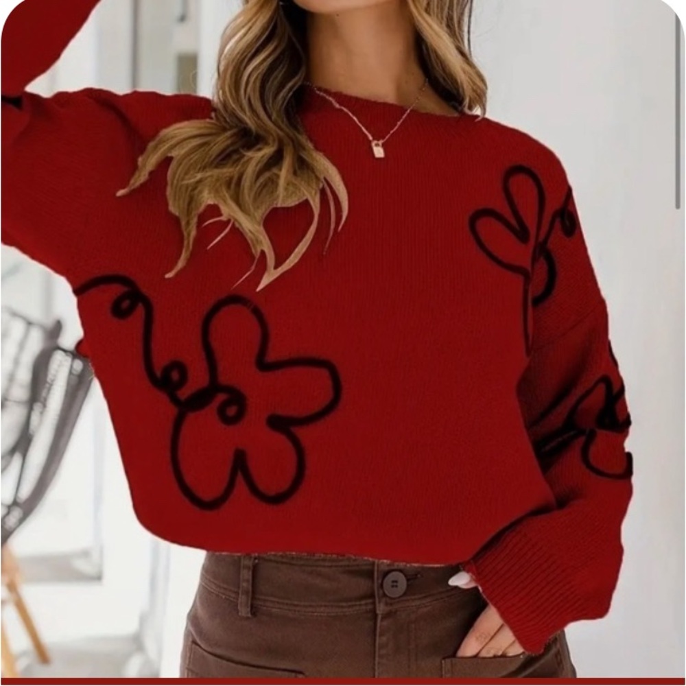 NWOT red & black floral doodle style crewneck sweater, size small